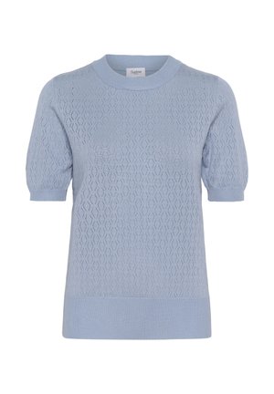 Pull en tricot bleu clair avec un motif en losange, manches courtes bouffantes et col rond. Fini par un ourlet côtelé.
