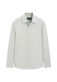 Camicia grigio chiaro a maniche lunghe con chiusura frontale a bottoni, colletto classico e tessuto dalla texture liscia. Presenta un orlo arrotondato e bottoni bianchi.