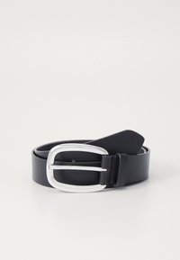 Black leather belt with a silver rectangular buckle. Smooth texture with a classic design, featuring a single loop and a hole for adjustments.