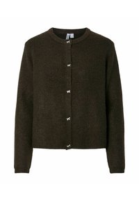 Cardigan côtelé vert foncé avec un col rond, des boutons sur le devant arborant des accents argentés et des manches longues. Texture douce, design court.