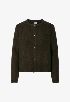 Cardigan a coste verde scuro con scollatura rotonda, bottoni frontali con dettagli in argento e maniche lunghe. Tessuto morbido, design corto.