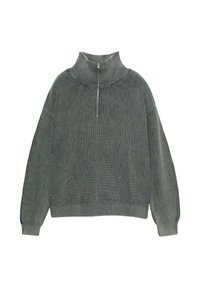 Pulover verde cu țesătură ribbed, guler înalt și închidere cu fermoar pe jumătate. Are mâneci lungi și o croială lejeră. Textură moale și design tricotat.