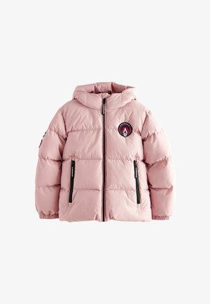 Helle pinke Steppjacke mit Kapuze; verfügt über schwarze Reißverschlusstaschen und ein runden Logo auf der Brust; strukturierter, gesteppten Design.
