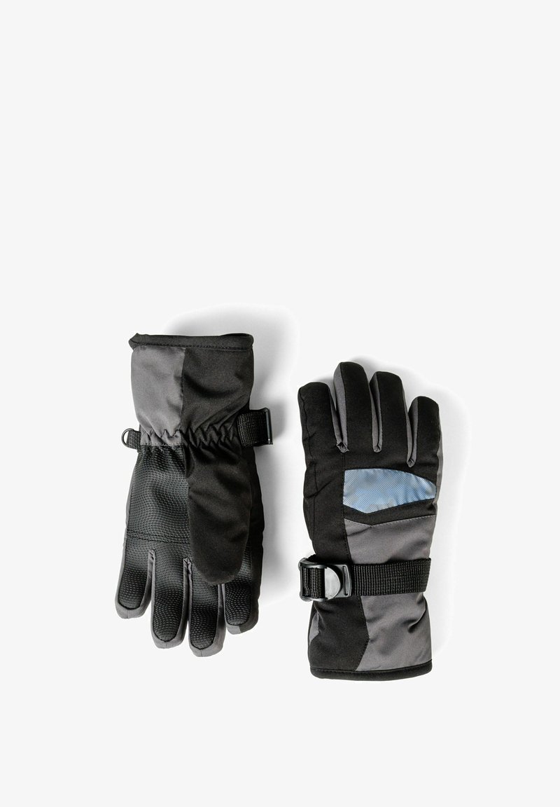 Fekete szövetből készült téli kesztyű, szürke díszítéssel. Jellemzői közé tartozik a állítható pánt, a tapadós tenyér és a szigetelt mandzsetta a melegség érdekében.