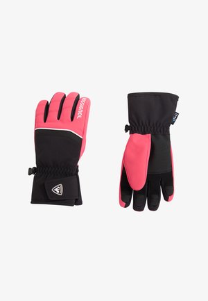 Et par handsker med et pink og sort farveskema, lavet af et fleksibelt materiale med en strammet håndled og logo detaljer.