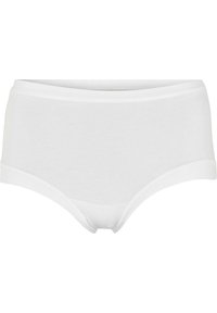 Hvide bomuldsunderbukser har en glat overflade, mellem høj design og elastisk talje. Enkle og funktionelle undertøj.