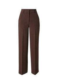 Bruine op maat gemaakte broek met een hoge tailleband, rechte pijpen en een nette voorplooi. Gemaakt van gladde stof, met zijzakken.