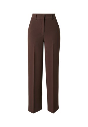 Bruine op maat gemaakte broek met een hoge tailleband, rechte pijpen en een nette voorplooi. Gemaakt van gladde stof, met zijzakken.