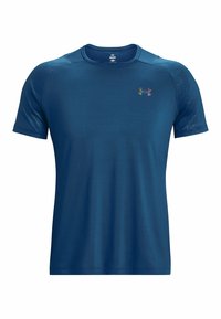 Short-sleeve athletic shirt in dark blue, made from smooth fabric. Features a crew neckline and a small multicolored logo on the chest.