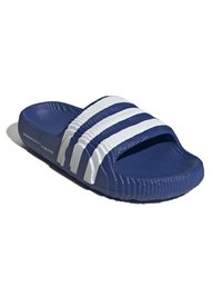 Modra natikača z dvema belima črtama čez vrh. Izdelana iz strukturirane gume, z fleksibilnim odprtim dizajnom in rebrastim podplatom.