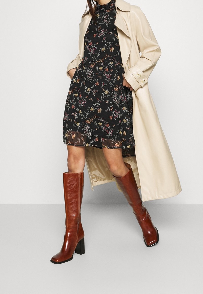 black floral dress with brown boots Black Floral Print Long Sheer Sleeve Short Dress main image 0