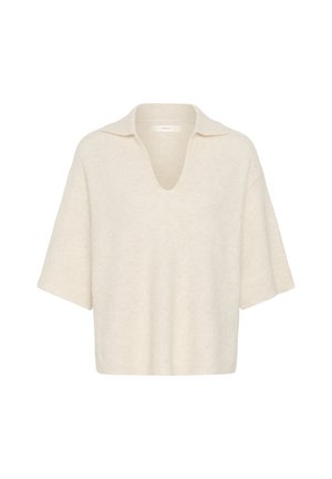 Krém színű rövid ujjú kötött pulóver, széles gallérral és mély V-nyakkivágással, fehér háttéren bemutatva.