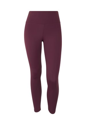 Leggings da yoga bordeaux con vita alta, texture liscia, lunghezza completa e senza cuciture visibili, progettati per comfort e flessibilità.