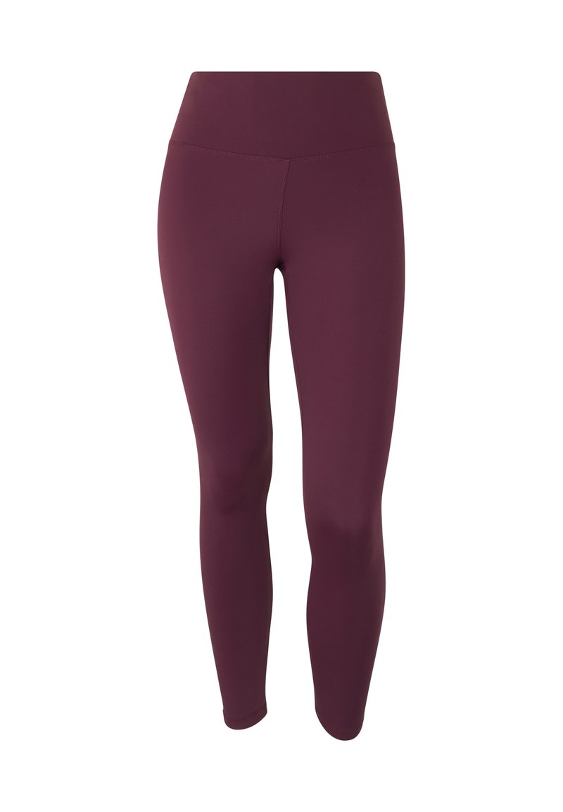 Leggings da yoga bordeaux con vita alta, texture liscia, lunghezza completa e senza cuciture visibili, progettati per comfort e flessibilità.