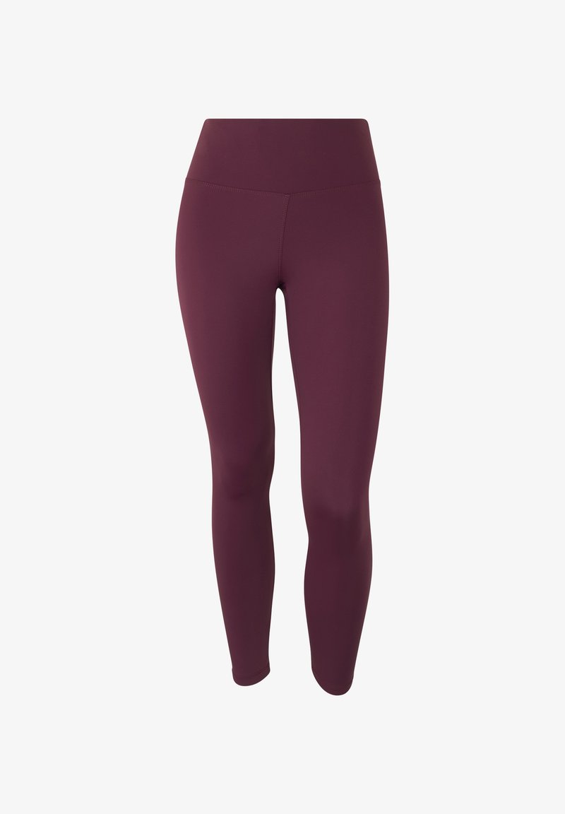 Leggings de yoga bordeaux avec une taille haute, texture lisse, longueur complète et sans coutures visibles, conçus pour le confort et la flexibilité.