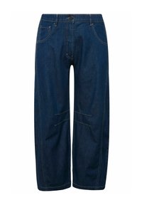 Dunkelblaue Jeans-Culottes mit lockerer Passform, Knopfverschluss, Fronttaschen und kontrastierenden Nähten.