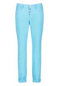 Ljusblå bomullbyxor med slim fit, med knappgylf, fem fickor och uppvikta benslut.