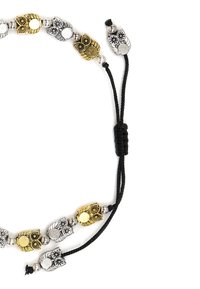 Perlekæde med sølv- og guld-farvede ugleformede perler, sort justerbar snor og metalliske accentperler.