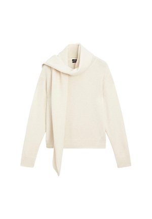 Pull en tricot à manches longues de couleur crème avec une écharpe assortie intégrée drapée autour de l'encolure, des poignets et un ourlet côtelés.