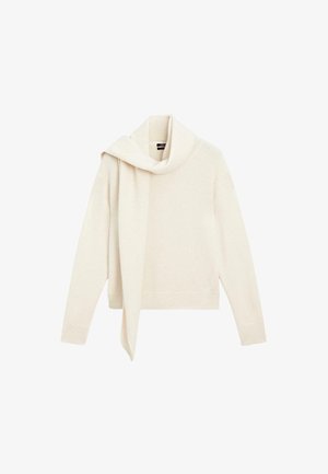 Maglione a maniche lunghe di colore crema con sciarpa abbinata integrata appoggiata attorno al collo, polsini e orlo a coste.