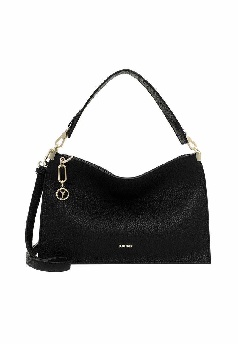Sac à épaule en cuir noir avec une surface texturée, des accents en matériel doré et une bandoulière amovible. Présente un design courbé distinct.