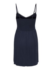 Robe sans manches bleu marine avec bretelles fines réglables, corsage froncé élastique et bordure en dentelle sur le bord supérieur.