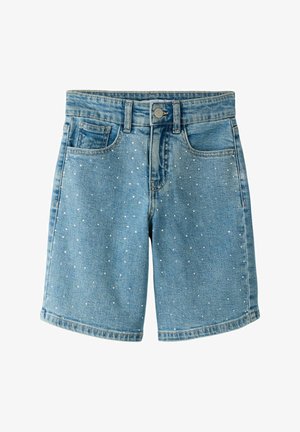Lichtblauwe denim shorts met kleine witte stippen, knoopsluiting aan de voorkant, riemlussen en voorzakken.