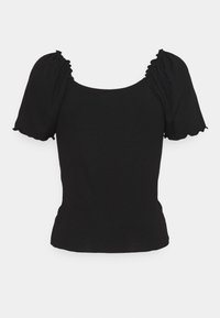 Black ribbed top featuring a square neckline, short puff sleeves with ruffled edges, and a fitted silhouette. Soft texture.