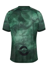 Zielona koszulka sportowa z krótkim rękawem w marmurkowy wzór, z czarnym logo i napisem "YOU'LL NEVER SMOKE ALONE" na plecach.