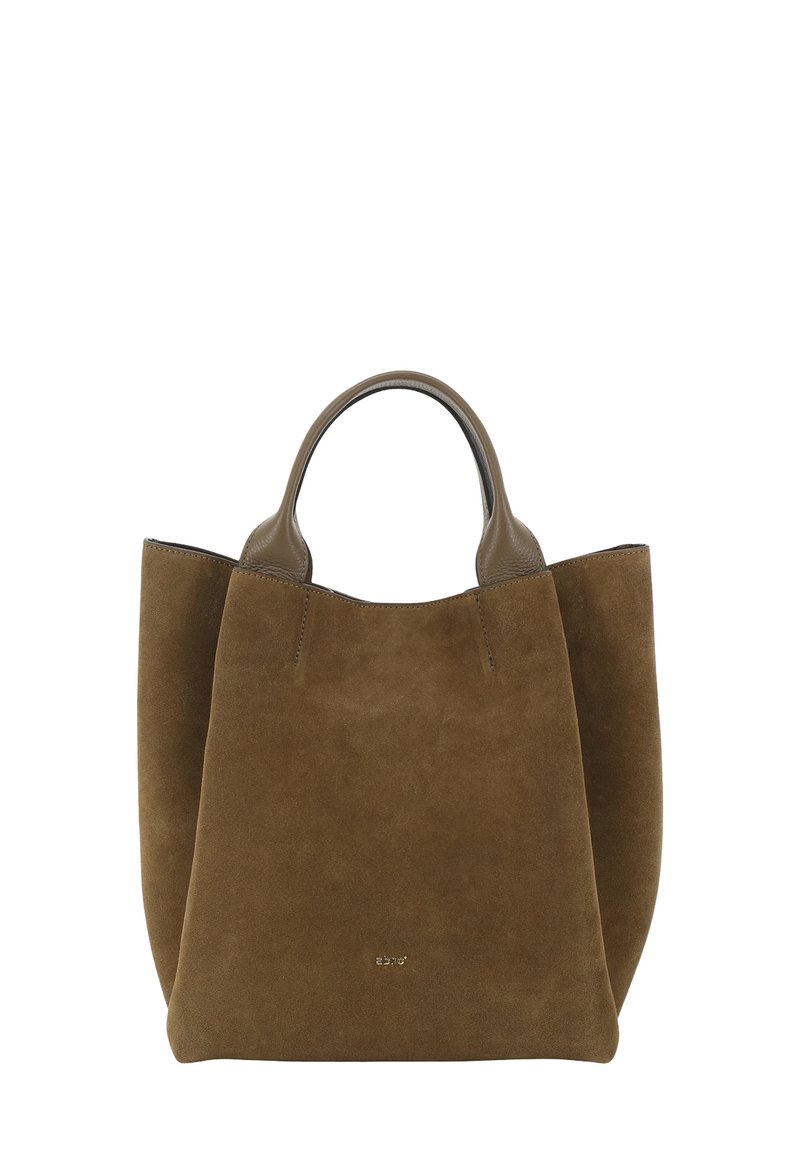 Bruine suède tote bag met korte handvatten, glad leren accenten en minimale stikdetails. Ontwerp met open bovenkant en een zachte textuur.