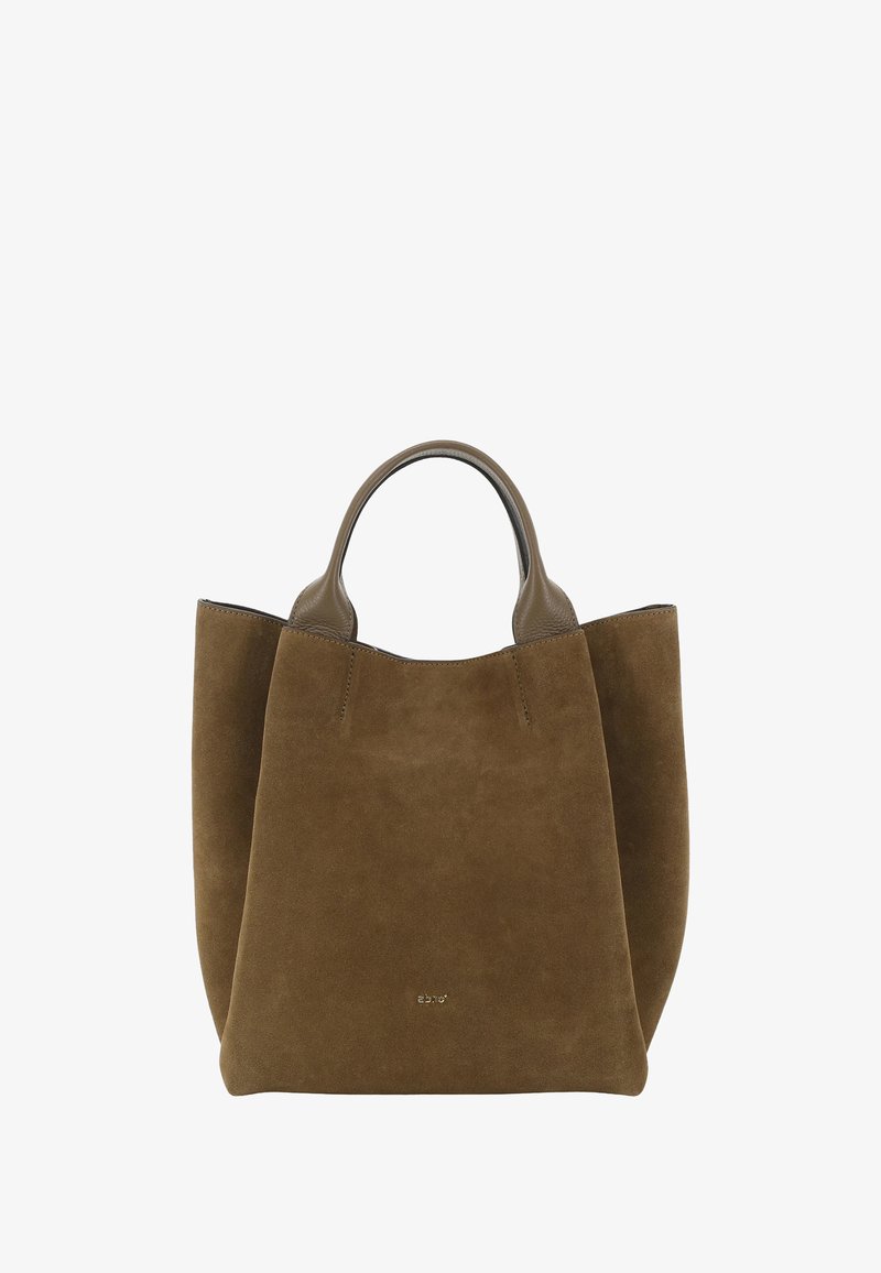 Braune Wildleder-Shopper-Tasche mit kurzen Griffen, glatten Lederakzenten und minimalen Nähdetails. Offenes Design mit einer weichen Textur.
