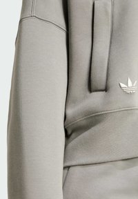 Sudadera gris con una textura suave, bolsillo tipo canguro y logo bordado. El diseño incluye acentos de ribete en los puños y el dobladillo.