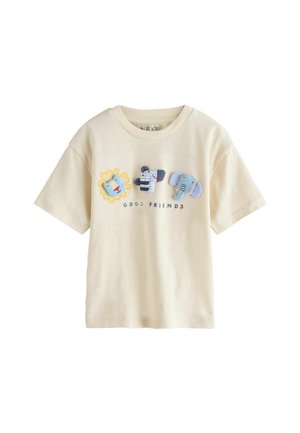 Cream-colored cotton t-shirt featuring embroidered animal designs: a lion, an elephant, and a zebra. Text below reads "GOOD FRIENDS."