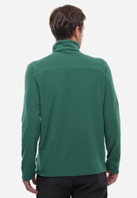 Grüne Polyester-Fleecejacke mit hohem Kragen, langen Ärmeln und texturiertem Finish. Merkmale sind ein gerader Saum und minimales Branding.