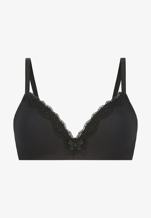 Schwarze gerippte BH mit Spitzenbesatz entlang des Ausschnitts, V-förmiges Design und einem kleinen Schleifenakzent in der Mitte. Verstellbare Träger für die Passform.