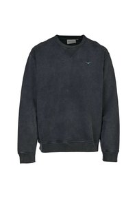 Dunkelgrauer Sweatshirt aus Baumwollmischung mit V-Ausschnitt, gerippten Bündchen und einem kleinen blauen Vogel-Logo auf der Brust. Glatte Textur.