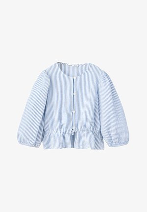 Blouse à manches longues avec rayures verticales bleues et blanches, col rond, boutons sur le devant et taille élastique avec détail noué.
