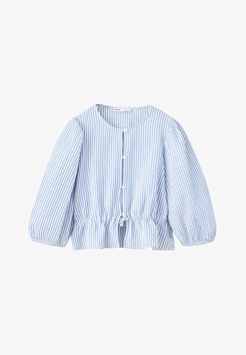 Blouse à manches longues avec rayures verticales bleues et blanches, col rond, boutons sur le devant et taille élastique avec détail noué.