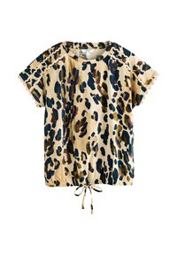 Kratek rokav z leopardjim potiskom in spodnjim robom z vrvico. Značilna bež tkanina s temno modrimi in rjavimi madeži. Robovi rokavov so valoviti.