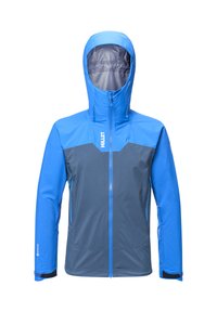 Blau- und grau wasserdichte Jacke mit Kapuze, Frontreißverschluss und verstellbaren Bündchen. Verfügt über ein geometrisches Design und strukturierten Stoff.
