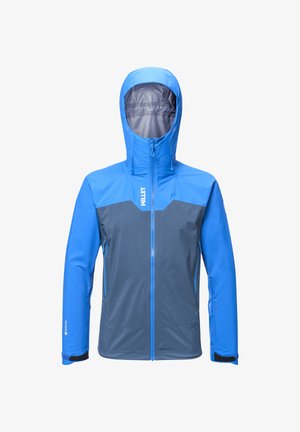 Veste imperméable bleue et grise avec une capuche, fermeture éclair à l'avant et poignets ajustables. Présente un motif géométrique et un tissu texturé.