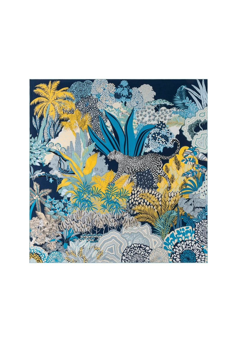 Fabric featuring a vibrant botanical print with blue, yellow, and white plants on a dark background. Includes stylized leaves and a leopard.