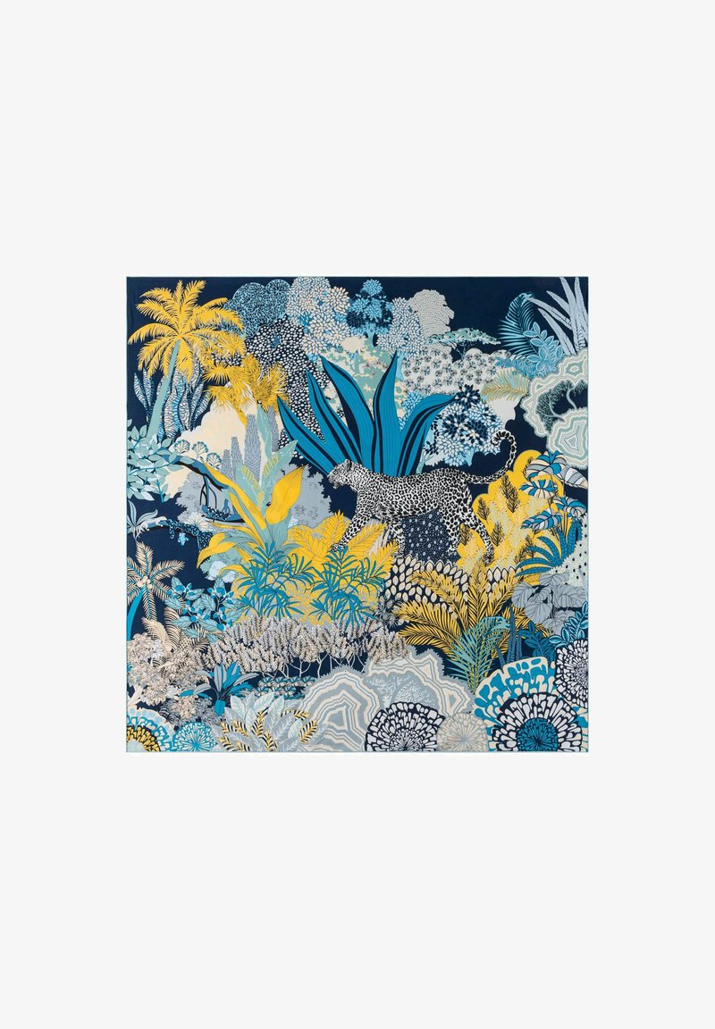 Fabric featuring a vibrant botanical print with blue, yellow, and white plants on a dark background. Includes stylized leaves and a leopard.