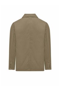 Giacca da uomo marrone a maniche lunghe con colletto, polsini abbottonati e cucitura centrale sul retro, vista dal retro su uno sfondo bianco.