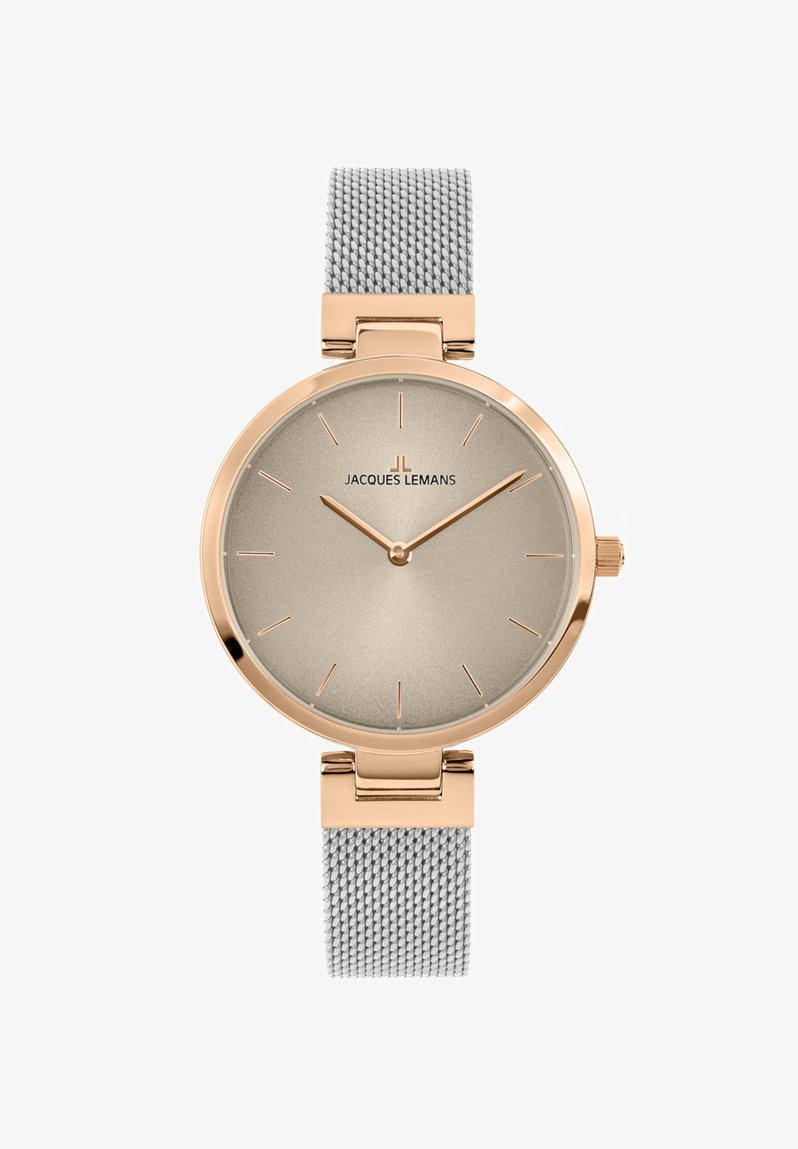 Runde Uhr mit goldfarbenem Gehäuse, beiger Zifferblatt und dünnen Stundenmarkierungen. Verfügt über ein graues Netzband und ein minimalistisches Design.