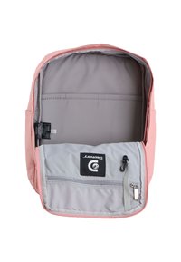 Pink fabric backpack with gray lining, featuring a zippered compartment, tag logo, and smooth texture. Opened view allows interior visibility.