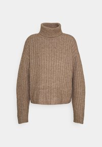 Ruskea ribbineuleinen pooloneule leveillä hihoilla ja lyhyellä pituudella. Valmistettu teksturoidusta neulosmateriaalista mukavan istuvuuden takaamiseksi.