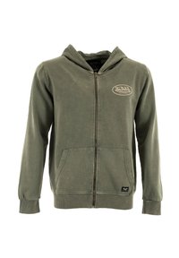 Veste à capuche zippée vert olive en tissu doux, dotée d'un logo sur le devant, de deux poches latérales et d'une capuche avec cordon de serrage et poignets en côte.