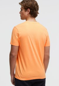 Short-sleeve, crew neck t-shirt in bright orange cotton with a smooth texture. Back view shows simple design without patterns or accents.