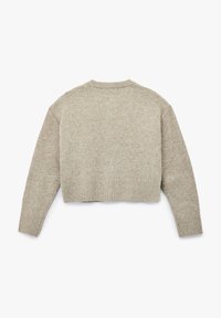 Korte sweater in een lichtgrijze, wolmix. Voorzien van geribde manchetten en zoom, met een klassieke ronde hals en een zachte textuur.
